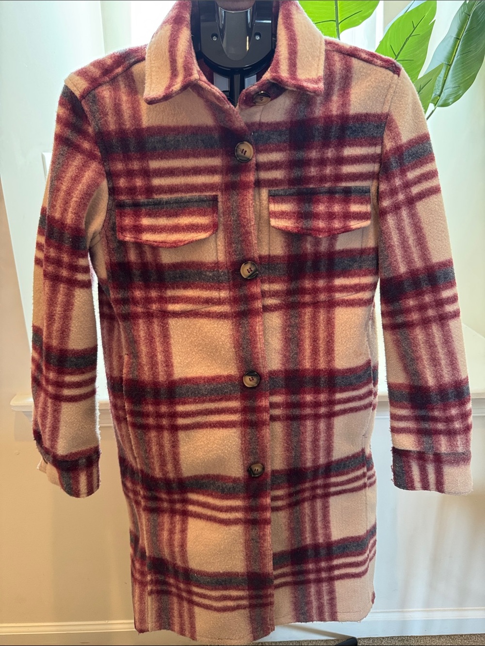 H&M Tan and Burgundy Plaid Pea Coat